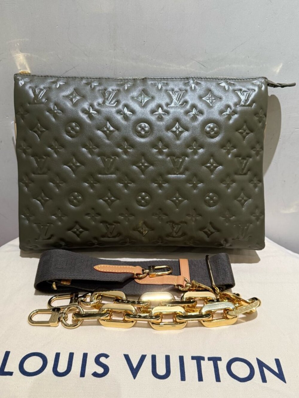 Louis Vuitton Coussin MM Dark Green Embossed Monogram Lambskin Chain Crossbody B